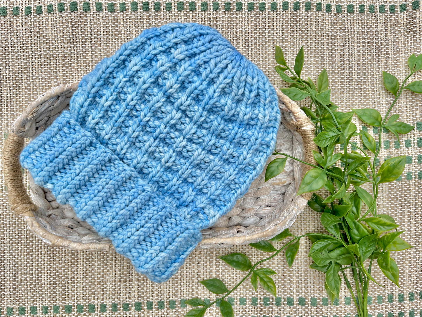 blue waffle knit beanie