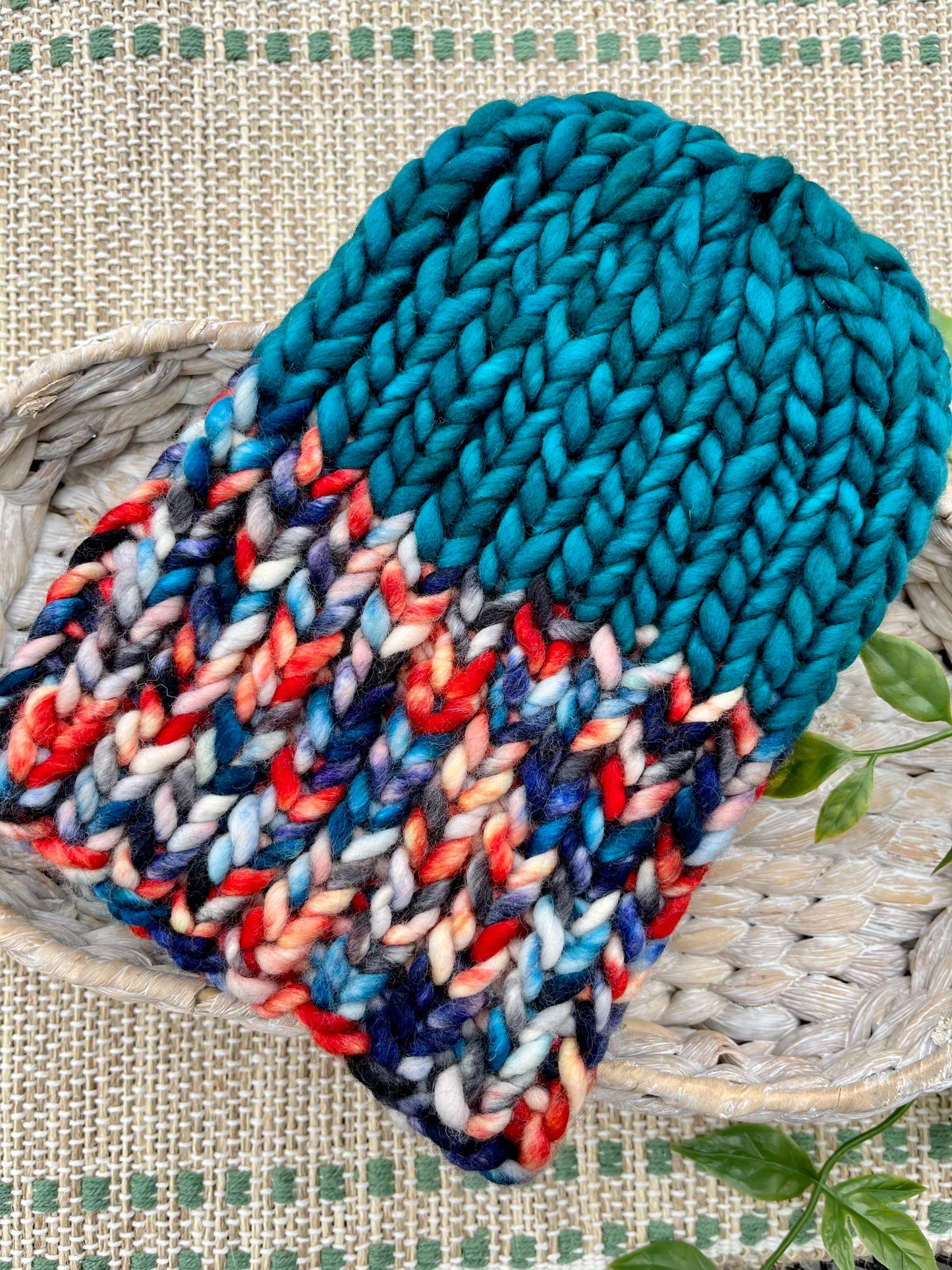 hand knit merino wool beanie teal orange
