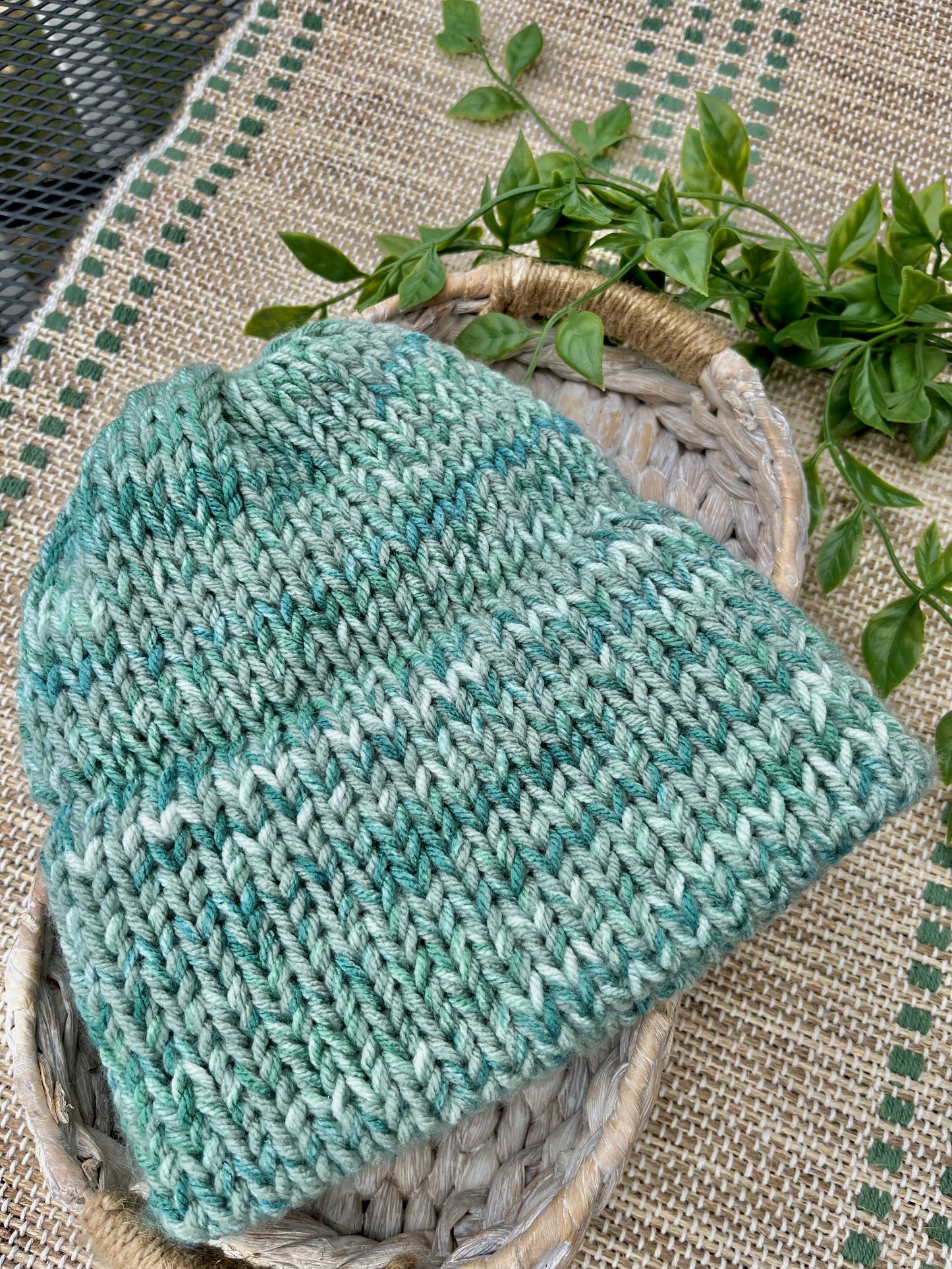 green and blue knit hat