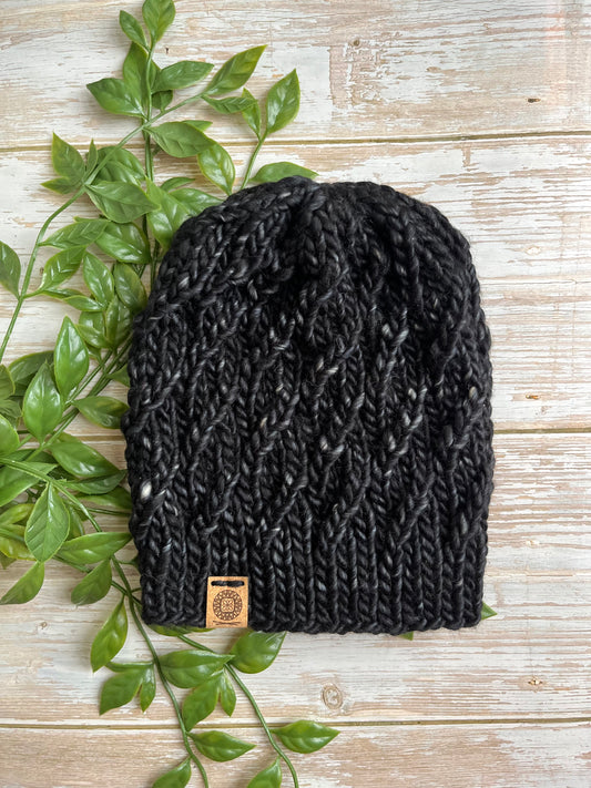 Twisted Cable Merino Beanie in Black