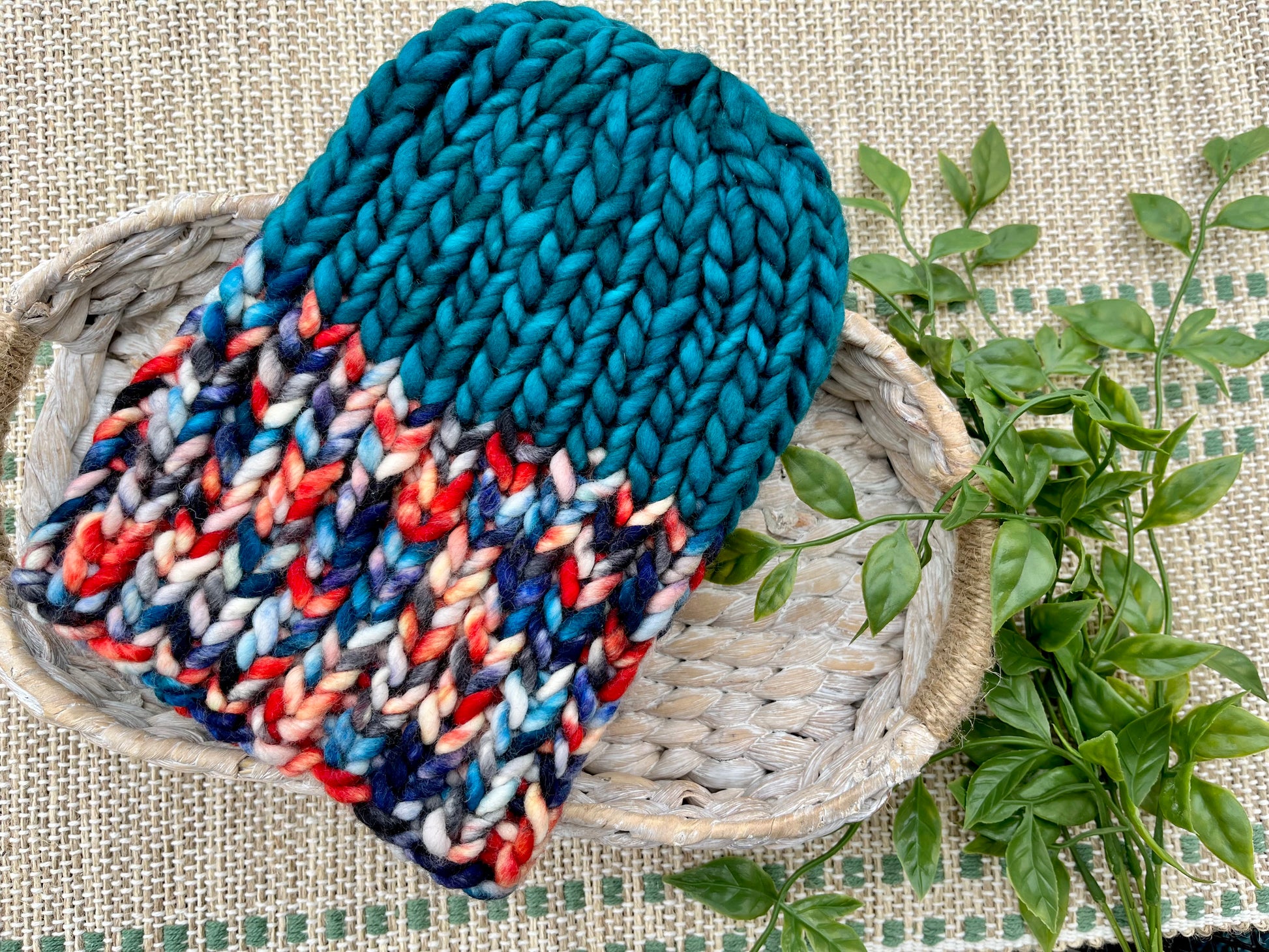 hand knit teal orange merino wool hat