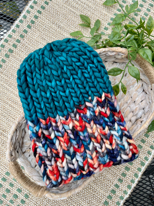 hand knit teal orange merino beanie