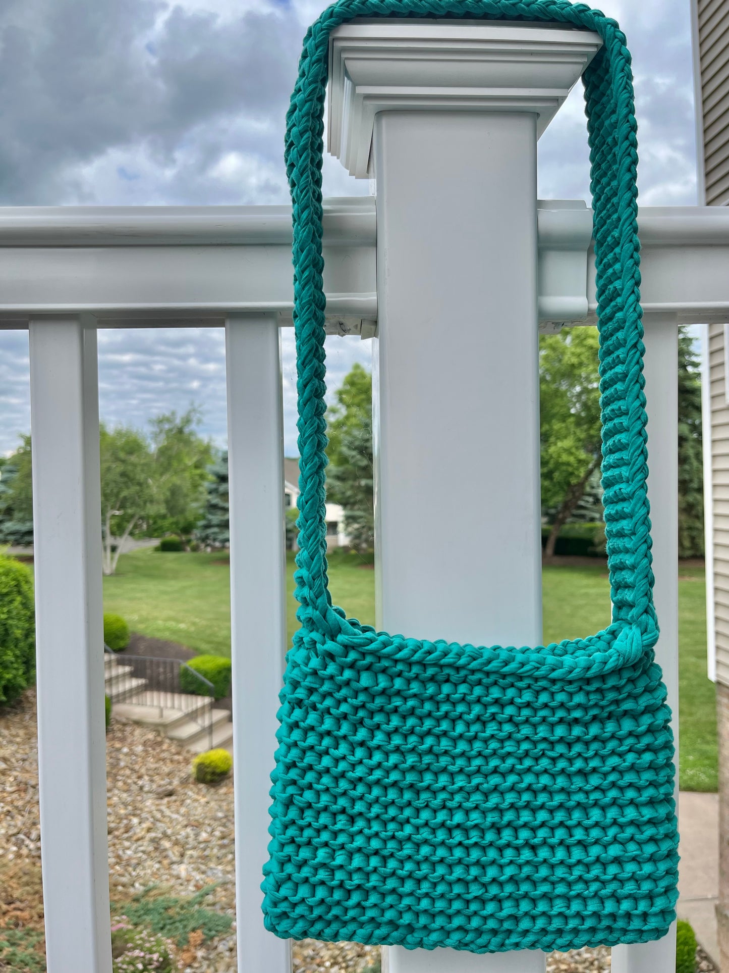 teal knit tote bag